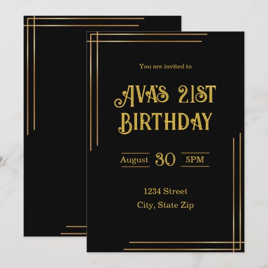 21st Birthday Invitation – Black & Gold | Elegant 招待状 (正面/裏面)