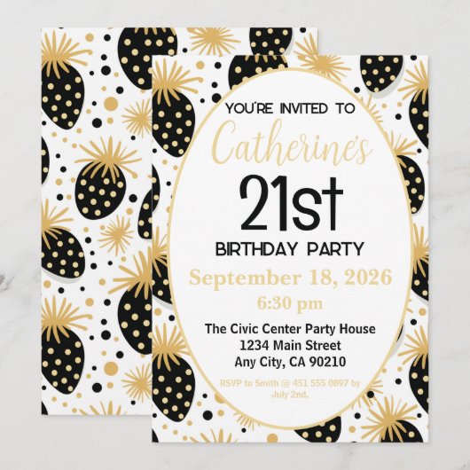 21st Birthday Invitation, Gold & Black Strawberry 招待状 (正面/裏面)