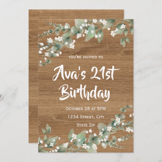21st Birthday Invitation – Rustic Greenery 招待状 (正面/裏面)