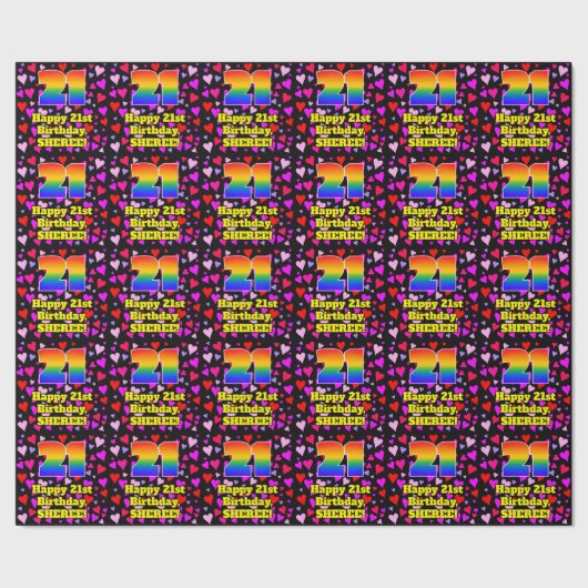 21st Birthday: Loving Hearts Pattern, Rainbow # 21 ラッピングペーパー (シーム)