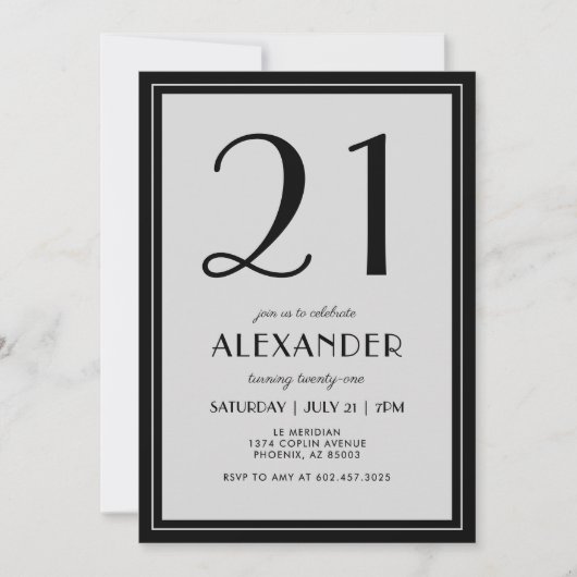 21st Birthday Modern Minimalist Mens Black Gray 招待状 (正面)