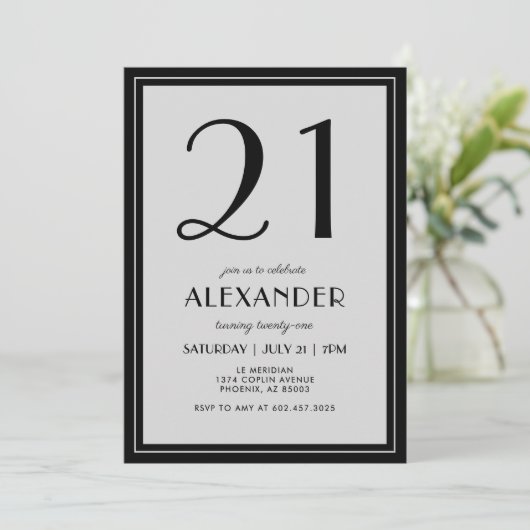 21st Birthday Modern Minimalist Mens Black Gray 招待状 (スタンド正面)