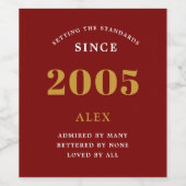 21st Birthday Name 2005 Red Gold Elegant Chic ワインラベル (シングルラベル)