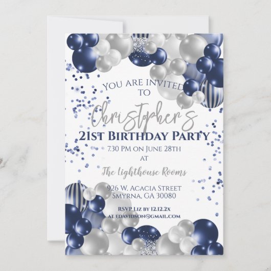21st Birthday Party Navy Balloons 招待状 (正面)