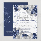 21st Birthday Party Navy Balloons 招待状 (正面/裏面)