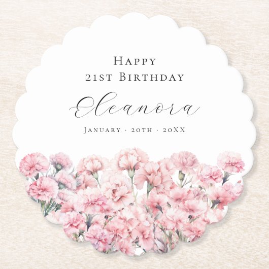 21st Birthday Pink Carnation January Birth Flower ペーパーコースター (正面)