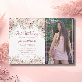  21st birthday pink floral photo budget invitation ノートカード
