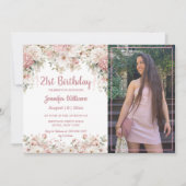  21st birthday pink floral photo budget invitation ノートカード (正面)
