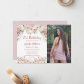  21st birthday pink floral photo budget invitation ノートカード (正面/裏面インサイチュ)