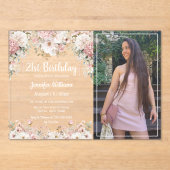  21st birthday pink floral photo party アクリル招待状 (正面)