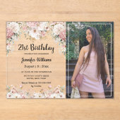  21st birthday pink floral photo party modern アクリル招待状 (正面)