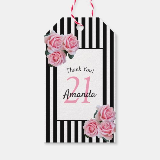 21st birthday pink florals black white stripes ギフトタグ (正面)