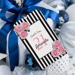 21st birthday pink florals black white stripes ギフトタグ<br><div class="desc">A gift tag for a 21st birthday party. Classic slim black and white vertical stripes as background. With girly and feminine pink roses as decoration. A white and black frame on front with template for age, name and date. Age number 21 in pink, name and date in black. The name...</div>