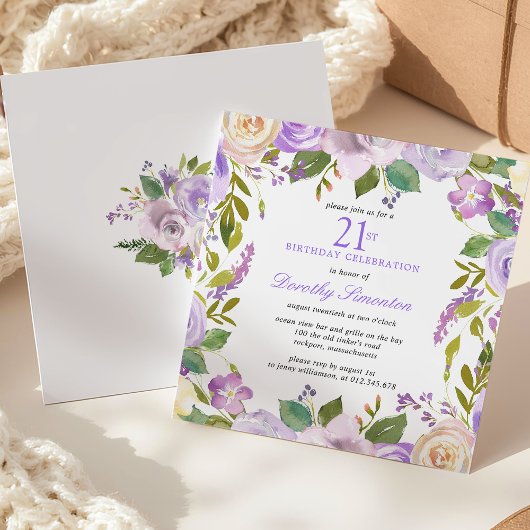 21st Birthday Pretty Purple Floral Invitation 招待状