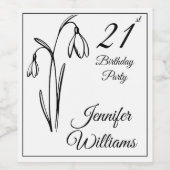 21st Birthday Snowdrop Floral Black And White ワインラベル (シングルラベル)