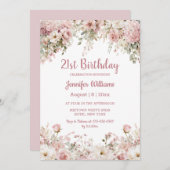  21st birthday watercolor pink floral garden chic 招待状 (正面/裏面)