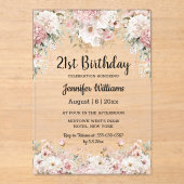  21st birthday watercolor pink floral modern アクリル招待状 (正面)