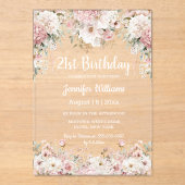  21st birthday watercolor pink floral  party アクリル招待状 (正面)