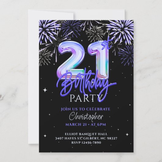 21st for Him Blue Fireworks Foil Balloon誕生日 招待状 (正面)