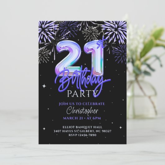 21st for Him Blue Fireworks Foil Balloon誕生日 招待状 (スタンド正面)