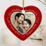 21st Wedding Anniversary Photo セラミックオーナメント<br><div class="desc">Celebrate a 21st happy year of marriage with a custom photo ornament in a delightful heart shape frame. Simply upload your own photo of the married couple and it will appear in the cutout. The red surround features a white script font and decorations. The words are: 21st Wedding Anniversary -...</div>