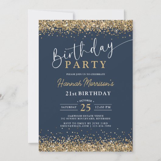 21thネイビーブルー金ゴールドグリッター任意の年齢誕生日 招待状 (正面)