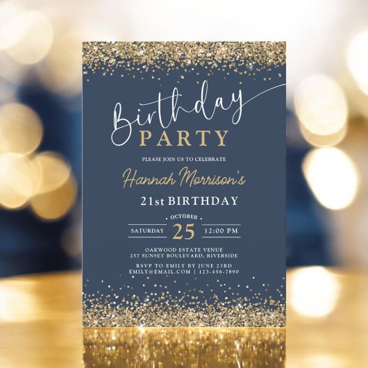 21thネイビーブルー金ゴールドグリッター任意の年齢誕生日 招待状