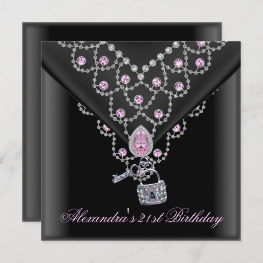 21thバースデーオーバーレイブラックピンクジュエル鍵ロック 招待状 (正面/裏面)