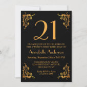 21thバースデーグラムモダン金ゴールドブラックヴィンテージレトロ 招待状 (正面)