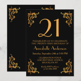 21thバースデーグラムモダン金ゴールドブラックヴィンテージレトロ 招待状