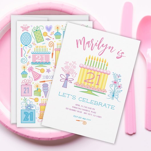 21thバースデーケーキかわいらしフローラ招待状 招待状