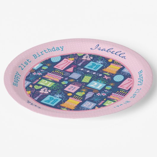 21thバースデーケーキカップケーキプレゼント名前をカスタムする ペーパープレート (アングル)