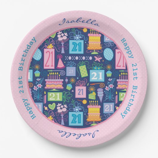 21thバースデーケーキカップケーキプレゼント名前をカスタムする ペーパープレート (正面)