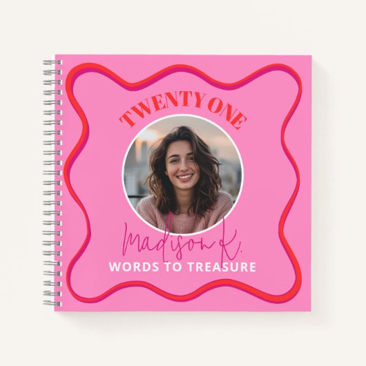 21thバースデーゲストブックウェーブレッドカラフルピンク ノートブック (正面)