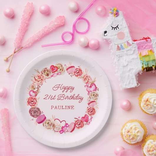 21thバースデーピンクローズ渦巻形のハート ペーパープレート (パーティー)