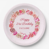 21thバースデーピンクローズ渦巻形のハート ペーパープレート (正面)