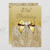 21th誕生日の金ゴールドのフェイクなスパンコールおよび弓 招待状 (正面/裏面)