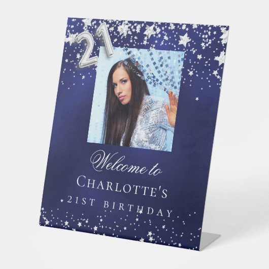 21th誕生日の青い銀の星の写真へようこそ 台座サイン (正面)
