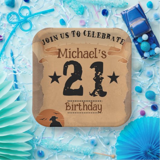 21th誕生日カウボーイワイルドウエストオールド紙 ペーパープレート (パーティー)
