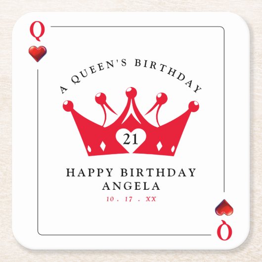 21th誕生日クイーンオブカジノハートトランプのポーカーカード スクエアペーパーコースター (正面)