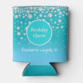 21th誕生日クイーンティール（緑がかった色）グリッター名ダイヤモンド 缶クーラー (正面)