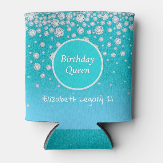21th誕生日クイーンティール（緑がかった色）グリッター名ダイヤモンド 缶クーラー (正面)