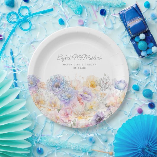 21th誕生日サマーウォーターカラーフローラカスタム ペーパープレート (パーティー)