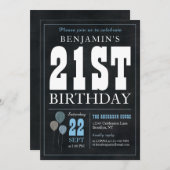 21th誕生日チョークボードブルーバルーンシ素朴ック 招待状 (正面/裏面)