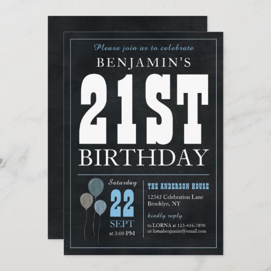 21th誕生日チョークボードブルーバルーンシ素朴ック 招待状 (正面/裏面)