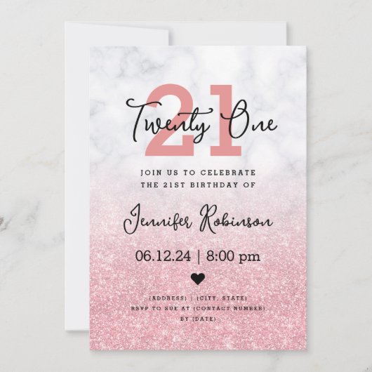21th誕生日パーティーバラ金ゴールドグリッター大理石 招待状 (正面)