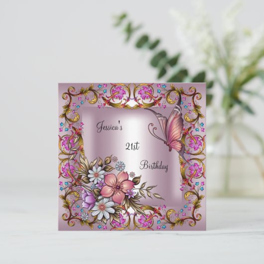 21th誕生日パーティーピンクフローラホワイトバタフライ 招待状 (スタンド正面)