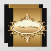 21th誕生日パーティーブラックブロンズ金ゴールド 招待状 (正面/裏面)