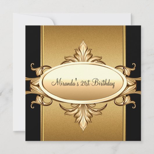 21th誕生日パーティーブラックブロンズ金ゴールド 招待状 (正面)