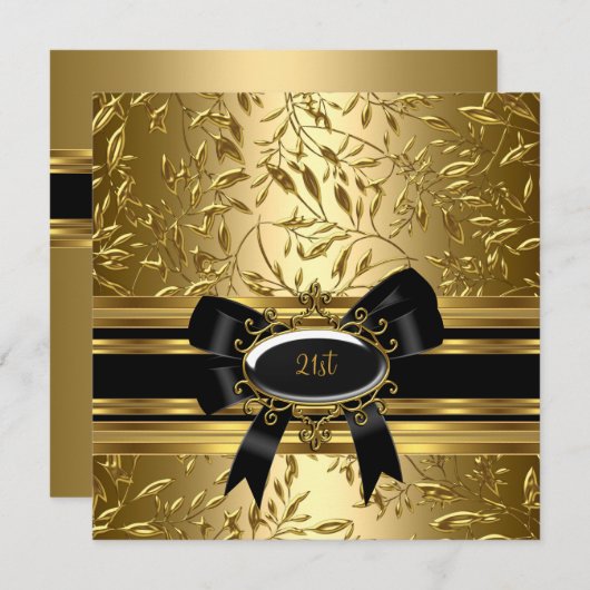 21th誕生日パーティーブラック金ゴールドフローラ2 招待状 (正面/裏面)